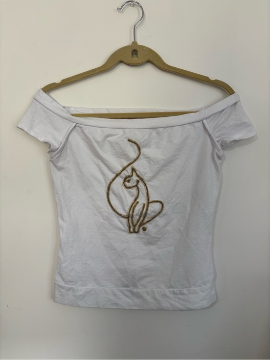 Baby Phat Tops - Baby Phat White Off-Shoulder Embroidered Cat Graphic Top